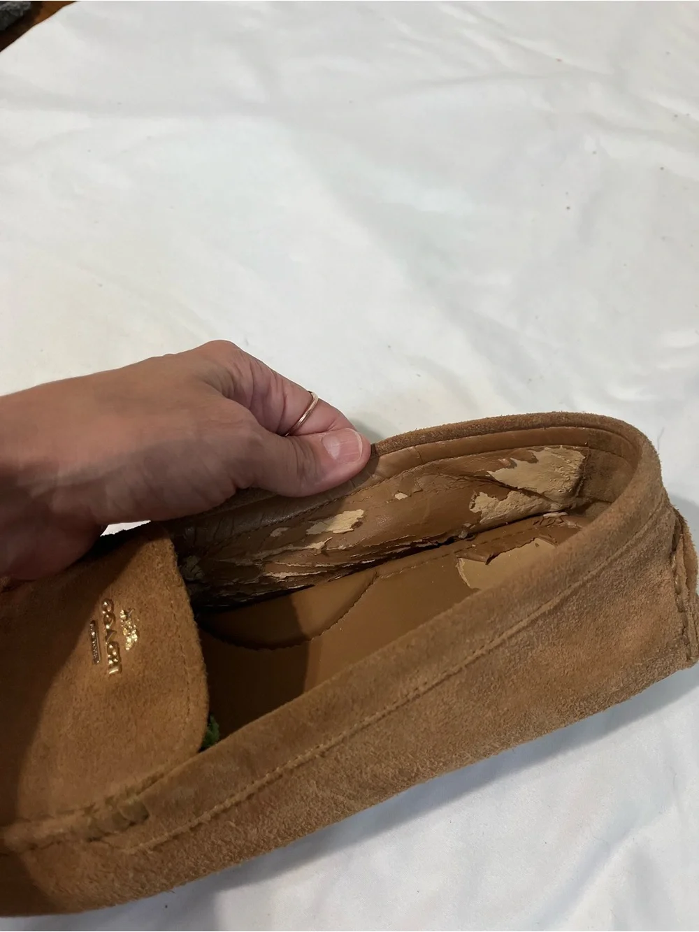 Coach Women's Brown Suede Slip-On Loafers with Gold Logo, size 10